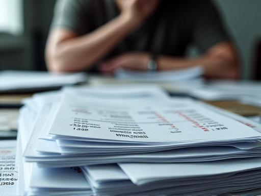 Pila de facturas y documentos de deuda en un escritorio, generando estrés financiero